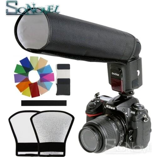 12 Colors card Flash Diffuser Kit+silver/white Reflector+Foldable Beam speedlight snoot For Canon Nikon Sony Godox Yongnuo flash
