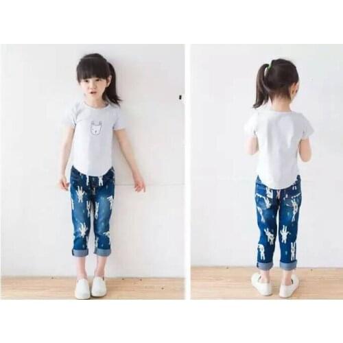 New Arrival Baby Girls Cute Denim Jeans Girls Character-rabbit-print Denim Jeans Kids Spring Autumn Long Pants Casual Trousers
