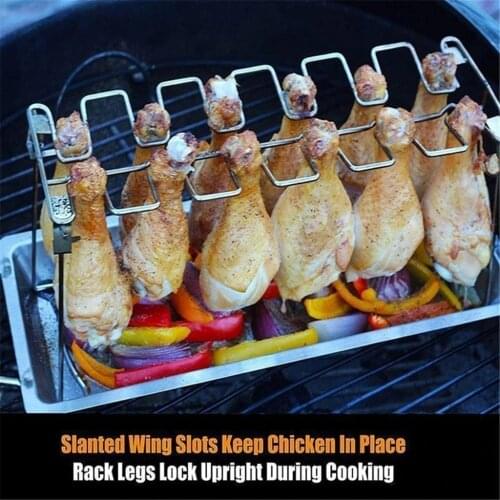 BBQ Beef Chicken Leg Wing Grill Rack 12 Holes Stainless Steel Barbecue Drumsticks Holder Smoker Oven Roaster Stand with Drip Pan