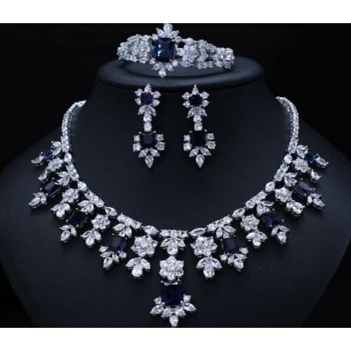 Blue BRILLIANT CUBIC ZIRCONIA EARRINGS NECKLACE BRACELET Fashion JEWELRY SET WEDDING DRESS ACCESSARIES FULL SETS