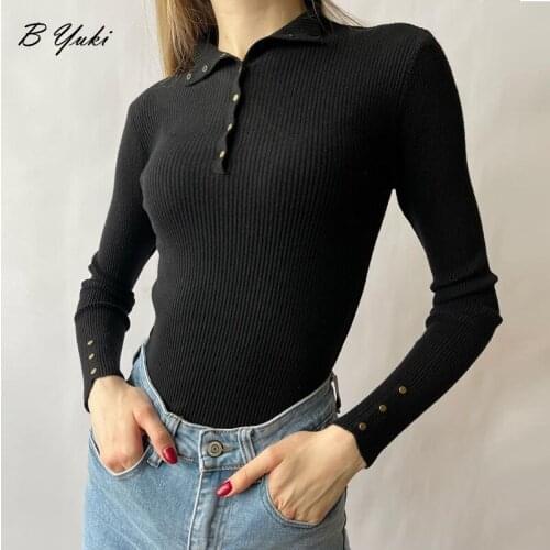 Blessyuki Autumn Winter Slim Sexy Sweater Female Long-sleeved Striped Knitted Button Bottoming Shirt 2021 Fashion Sweater Women