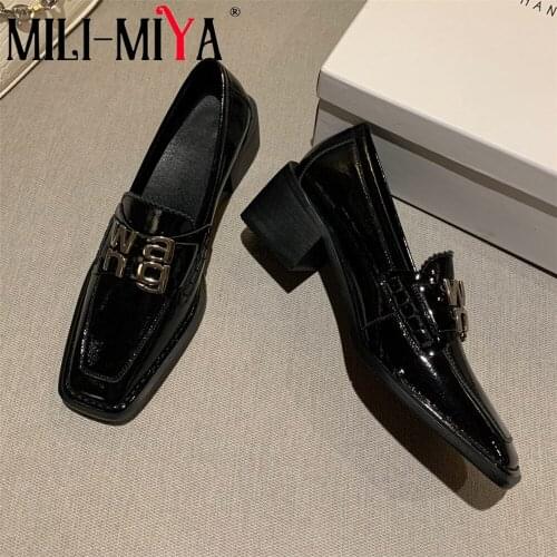 MILI-MIYA Fashion Brand Design Women Genuine Leather Pumps Square Toe Thick Heels Slip On Solid Color Office Career Shoes