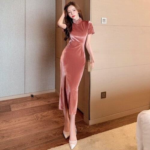 ZC3497 2021 new spring summer Elegant feminine temperament cheongsam young girl women velvet dress cheap wholesale