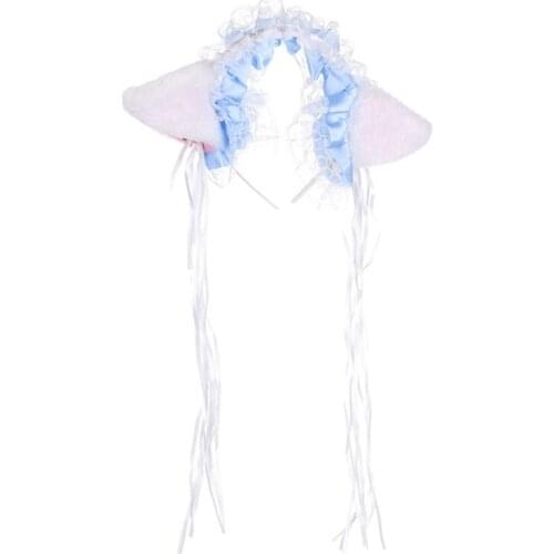 Women Ruffles Lace Headband Plush Cat Ears Ribbon Bell Lolita Cosplay Hair Hoop