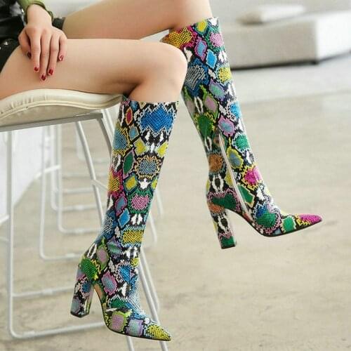 Multicolor Snake Print Faux Leather Knee-High Boots Women Thick Heel Pointed Toe Ladies Long Boots 2020 Female High Boots