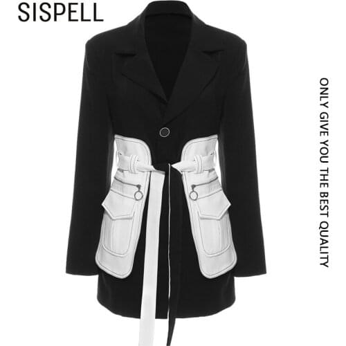 SISPLL Patchwork Pocket Womens Blazer Coat Lapel Collar Long Sleeve High Waist With Belt For Female Casual Coats 2020 Fashion