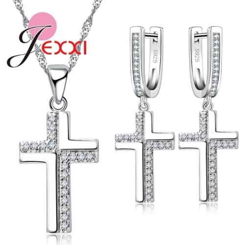 Fashion Cross Design Silver Color Crystal Decoration Jewelry Set For Women Earrings And Necklace Pendent For Lover