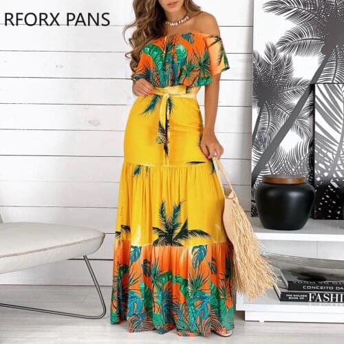 Women Off Shoulder Tropical Print Ruffles Maxi Dress With Belt Party Dress for Women Dress 2021
