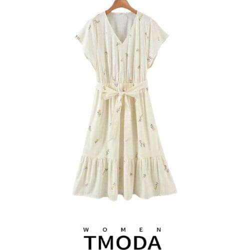 TMODA538 Za Women Embroidery Romantic Midi Dress Cotton Linen Short Sleeve V Neck Females Light Yellow Flower Dresses Vestidos