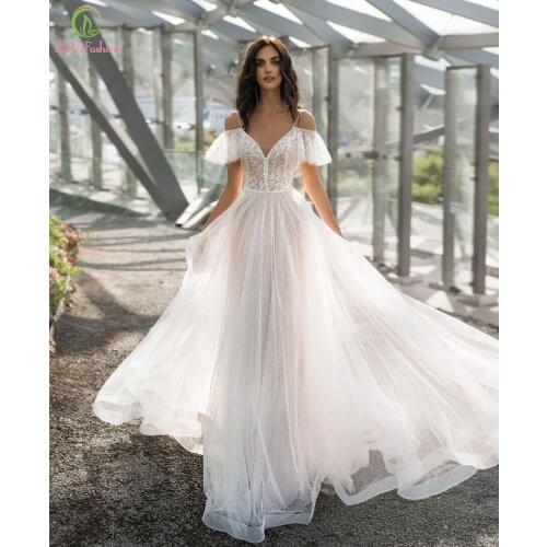 SSYFashion New Beach Formal Gowns for Women Sexy V-neck Lace Sequins Beading A-line Romantic Evening Dresses Vestido De Novia