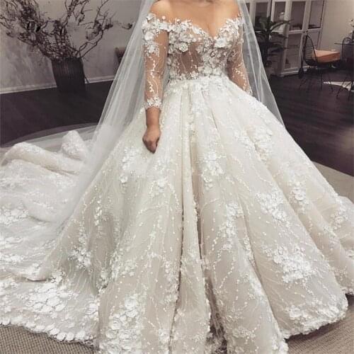 Vestidos De Novia 2021 Arabic Luxury Beaded Wedding Dresses Long Sleeves Floral Applique Wedding Bridal Gowns Robe De Mariee