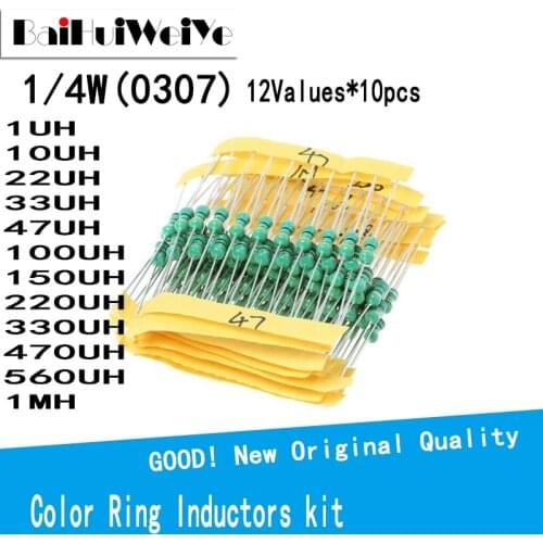 120PCS/LOTE 1/4W(0307) Color Ring Inductors Kit 12values*10pcs 1UH 10UH 22UH 33UH 47UH 100UH 150UH 220UH 330UH 470UH 560UH 1MH