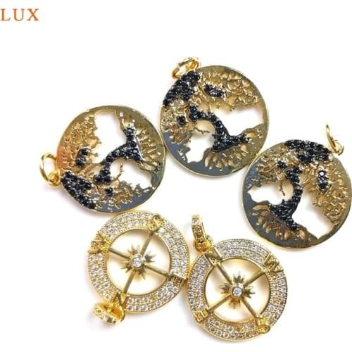 5pcs Compass CZ Round Pendants Brass Plate Compass Charm Compass The Tree Of Life Pendant Necklaces For Women Jewelry Set Making