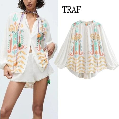 TRAF Za Women Shirts 2021 Summer Loose Print Pleated Long Sleeve Top Woman Buttons Elegant Blouses Irregular Female Shirts Chic