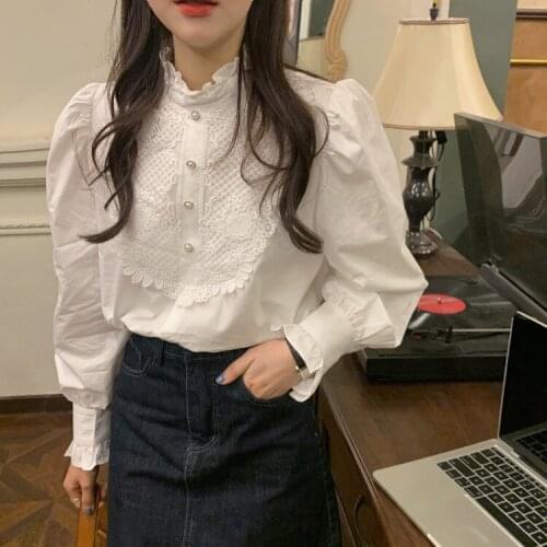 Spring autumn retro stand-up collar lace crochet pearl button loose long-sleeved Chiffon shirt O-Neck Korean Style