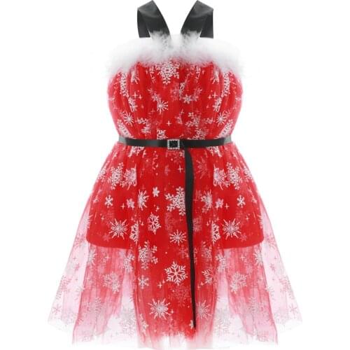 Kids Baby Girls Christmas Princess Dress Snowflake Print Plush Mesh Patchwork Sleeveless High Waist Loose Tulle Party Dress