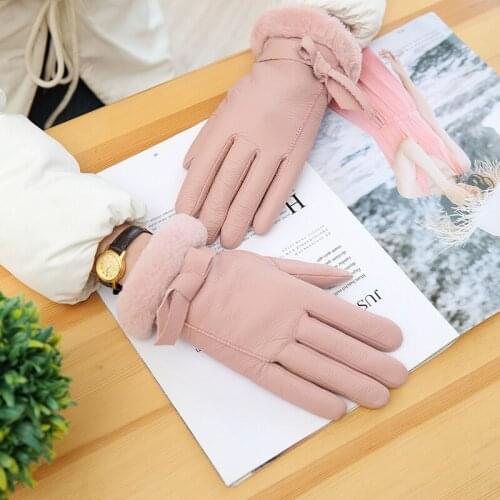 Elegant Women Gloves Windproof Winter Gloves Women Warm Leather Wool Gloves Full Finger Touch screen Gloves Girls Gift