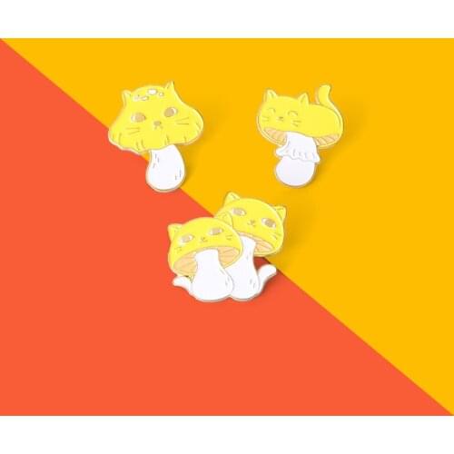 Custom Cute Cat Face Yellow Mushroom Enamel Pin Plants Brooch Lapel Badge Bag Cartoon Animals Jewelry Gift For Friends Wholesale