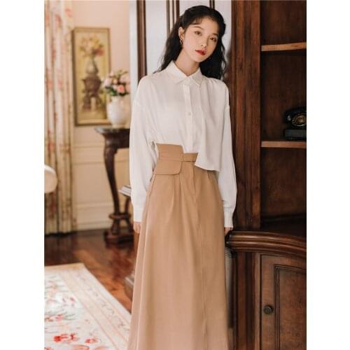 2020 new fashion womens clothing Turn-down Collar Vintage 2 piece set women