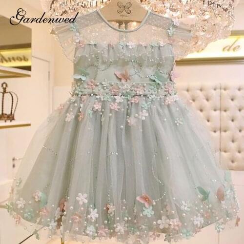 Delicate Pearls Flower Girl Dresses Hand Made Floral Kid Prom Dresses Lace Applique Tulle Scoop ALine Princess Celebrity Dresses