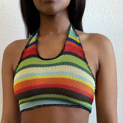 Forefair Rainbow Knitted Halter Y2k Crop Top Vintage Backless Slim U Neck Casual Summer Beach Outfits Streetwear