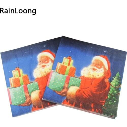[RainLoong] 33*33cm Santa With Gift Paper Napkin With Ball Festive & Party Tissue Napkins Decoration Servilleta 1 pack