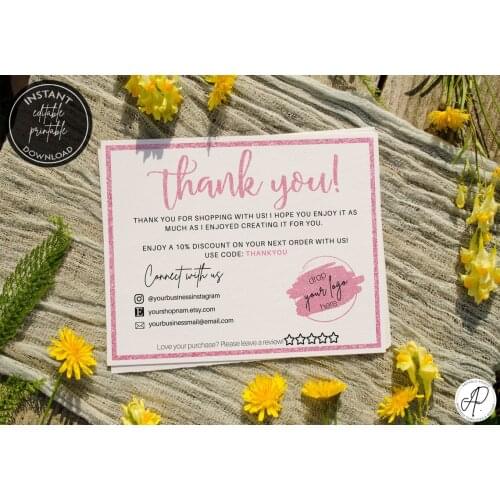 Pink Glitter card,Poshmark Thank you cards,Business package template,Order insert card,Instant Download, Review card,Add logo
