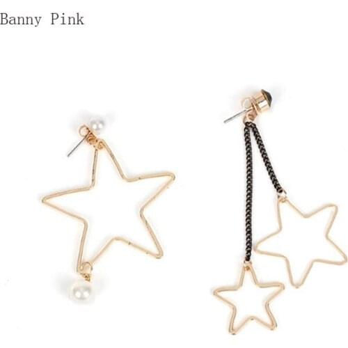 Cute Copper Stars Pendant Studs Earrings For Women Asymmetrical Metal Long Tassel Post Earrings Fashion Jewelry Pendietes Bijoux