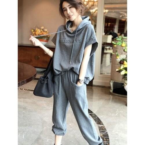 Two-piece Extra-large Spring and Summer Sports Suit Womens Casual Short-sleeved Elastic Trousers Two-piece Women