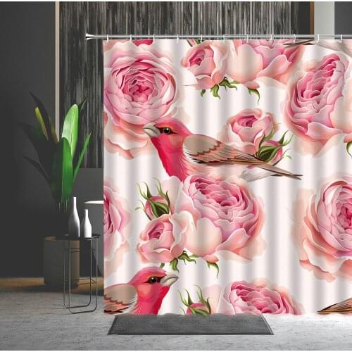 Shower Curtain Beautiful Flower Birds Pattern Waterproof Polyester Cloth Bedroom Curtain With Hooks Multiple Size