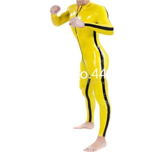 Handmade Yellow Latex Catsuit Jumpsuit with Front Crotch Zipper Rubber Bodysuit Men Clubwear Custom Made Cosplay Costumes