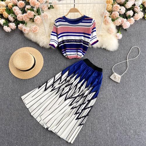 Summer Elegant Ladies Two piece set Rhombus Print Pleated Skirt Suits High waist Striped Stitching Skirt Knitted Tops Outfits