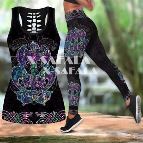 Mjolnir Odin Two Piece Yoga Set Women 3D Print Vest Hollow Out Tank Top High Waist Legging Summer Casual Sport
