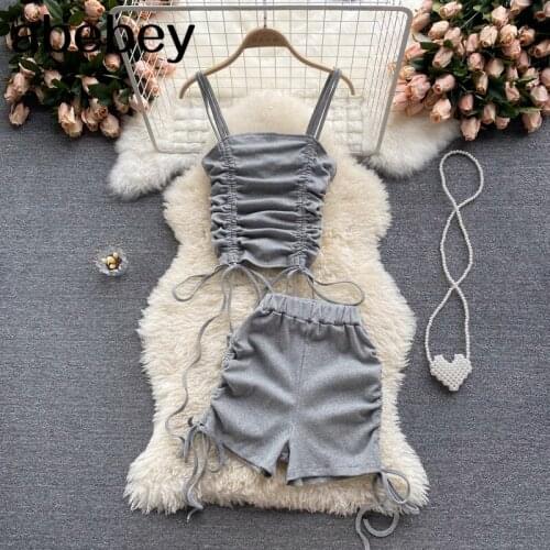 2021 New Pleated drawstring Sling top + Lace-up Shorts Women 2pcs Chic Summer Suit Solid Slim Casual Set