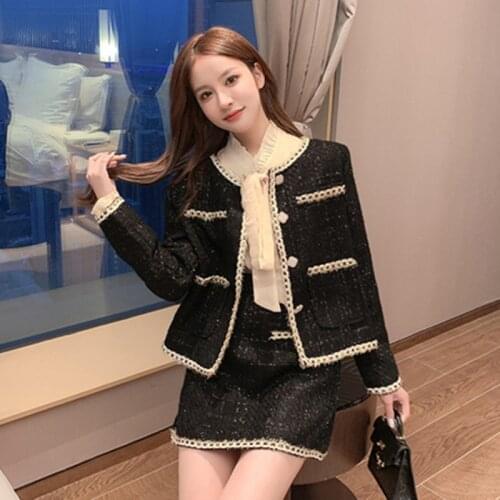 High Quality Women Autumn Black 2 Piece Sets Lady Fashion Elegant Slim Coat Skirt Shirt Two-piece Suit Tweed Sets Winter