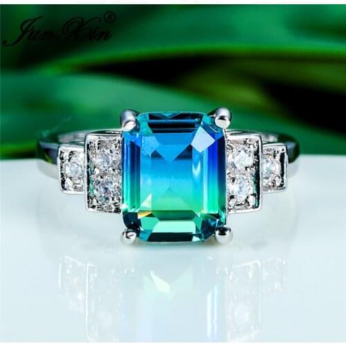 Mystic Blue Green Stone Rectangle Rings For Women Gradient Crystal Wedding Bands Unique Promise Engagement Ring Rainbow Jewelry