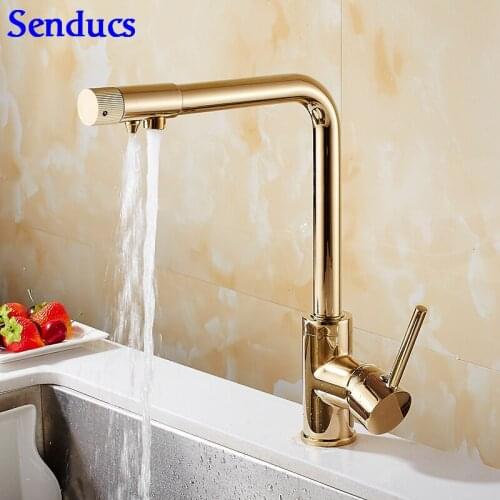 Senducs Gold Water Filter Faucet Single Lever Hot Cold Kitchen Mixer Tap with High Quality Brass Gold Kitchen Filter Faucet