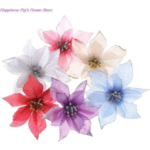 10PCS Artificial Flowers For Decoration Glitter Poinsettia Fake Flowers DIY Home Wedding Decoration Flower Head Christmas