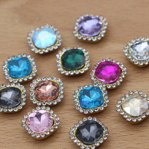 10pcs Mix Color Square Colorful Sew on Rhinestone Buttons Glass Gold Base Glue on Flatback Stones for DIY Garments Decoration