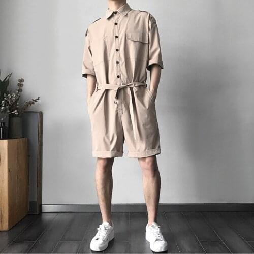 2020 New Arrival Man Short Sleeve Jumpsuits Vintage Single Breasted Pocket Male Playsuits Casual Loose Fit Overalls For Man