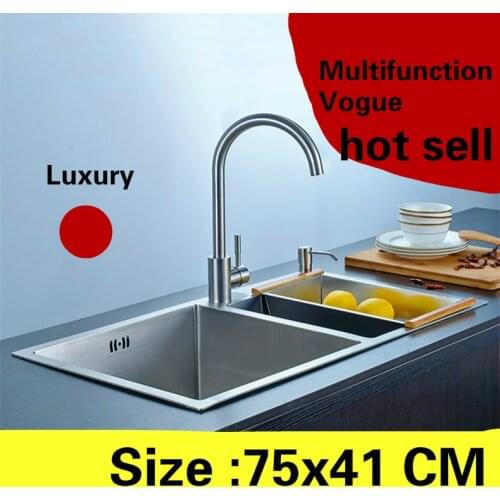 Free shipping Apartment multifunction kitchen manual sink double groove do the dishes 304 stainless steel hot sell 750x410 MM