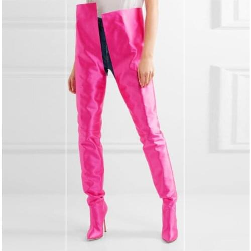 Over the Knee Red Pants Thigh high Crotch Boots Women Pointed Sexy Stilettos Satin Sock Waist Bootcuts High Heel Shoes Woman