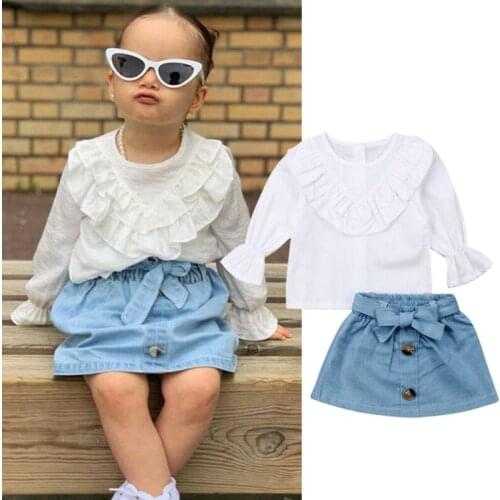 Toddler Kids Baby Girl Clothes Long Sleeve Ruffle Tops+Denim Dress Outfit Set