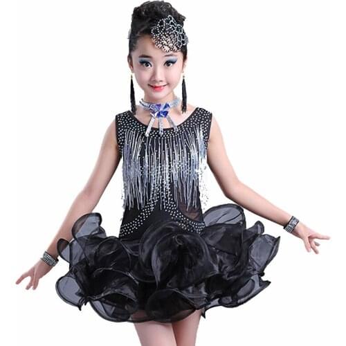 Children Sleeveless Tassel Sequins Latin Dance Costumes Girls Stage Performance Clothing Latin Practice Dance Dress