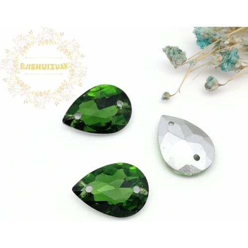 Emerald Water Drop Double Hole Crystal Glass Sewing Rhinestones Pointback Diy Wedding Dress and Shoes 10*14 13*18