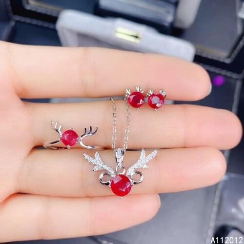 KJJEAXCMY fine jewelry natural ruby 925 sterling silver lovely girl gemstone pendant necklace earrings ring set support test