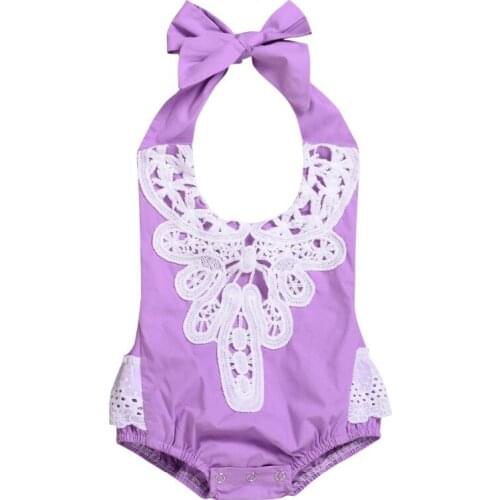 Baby Girls Sleeveless Hang-Neck Lace Patchwork 100% Cotton Hemp Triangle Summer Rompers Girls Fashion Rompers