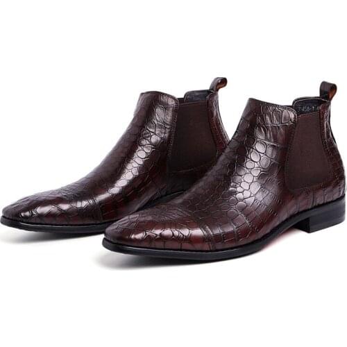 Mens Cowboy Boots Imported Dark Brown Leather Chelsea Boots Motorcycle Suit Dress Shoes Stretch Ankle Boot Red Bottom