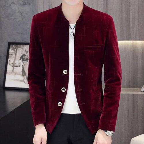 2022 Mens Autumn and Winter Slim Fit Casual Non-Slit blazer Youth Stand Collar Flat Velvet Jacquard blazer