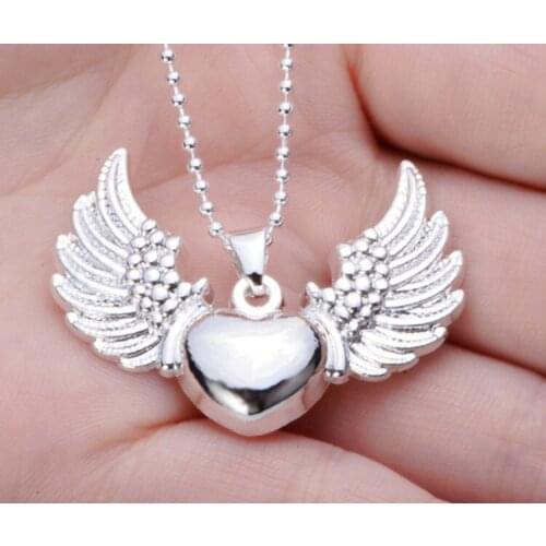 New Fashion Women Statement Neckalce Christian Jewelry Retro Hollow Angel Wings Heart Pendant Necklace Collier Femme